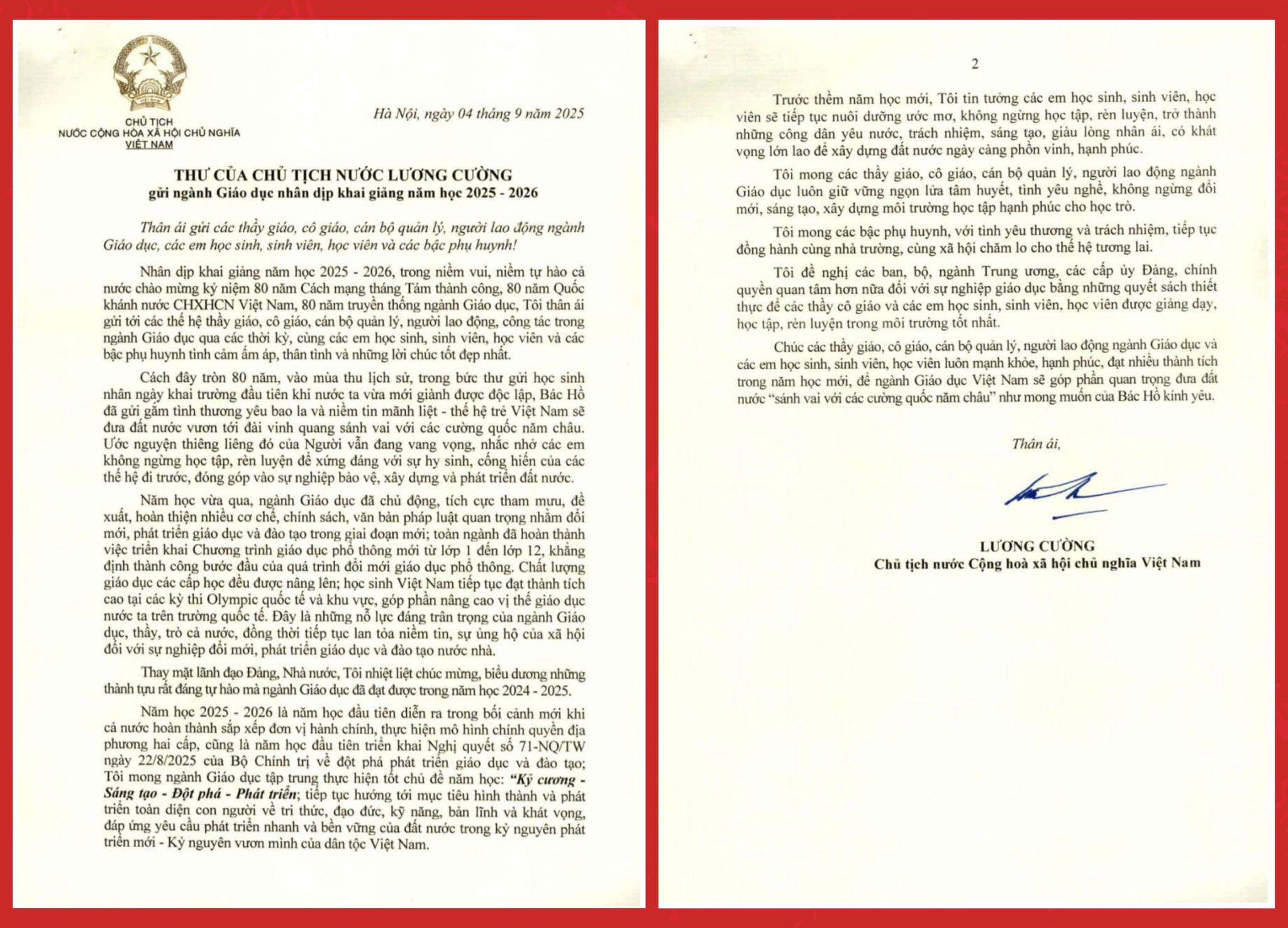 4.Toan van Thu cua Chu tich nuoc Luong Cuong gui Nganh Giao duc nhan ngay khai giang nam hoc 2025 2026